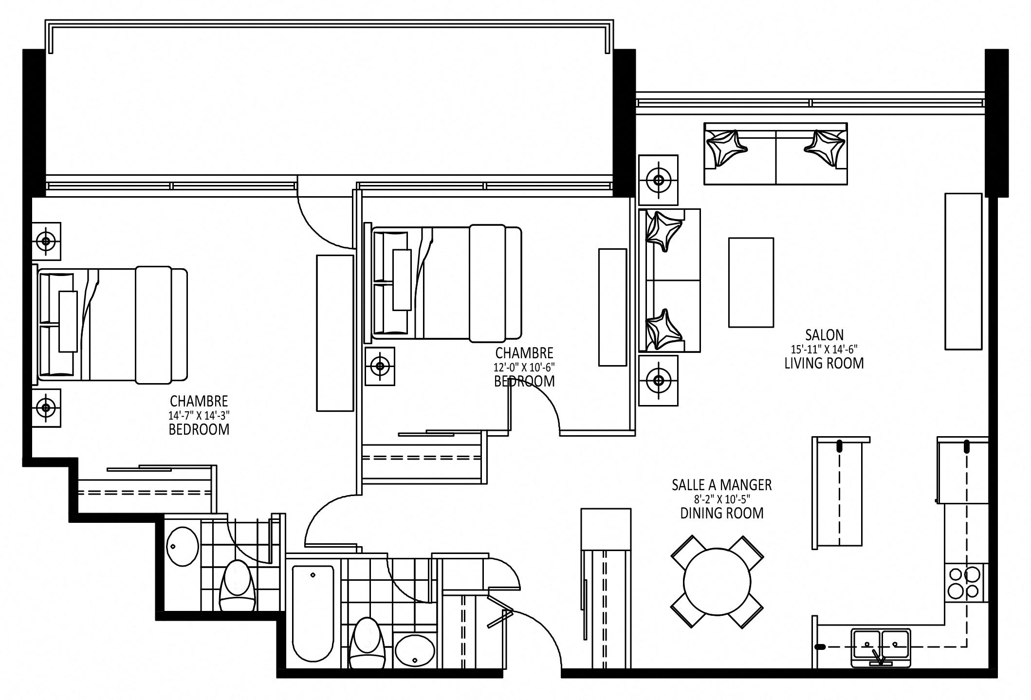Floor plan for 2 beds, 1.5 baths, 970 sqft